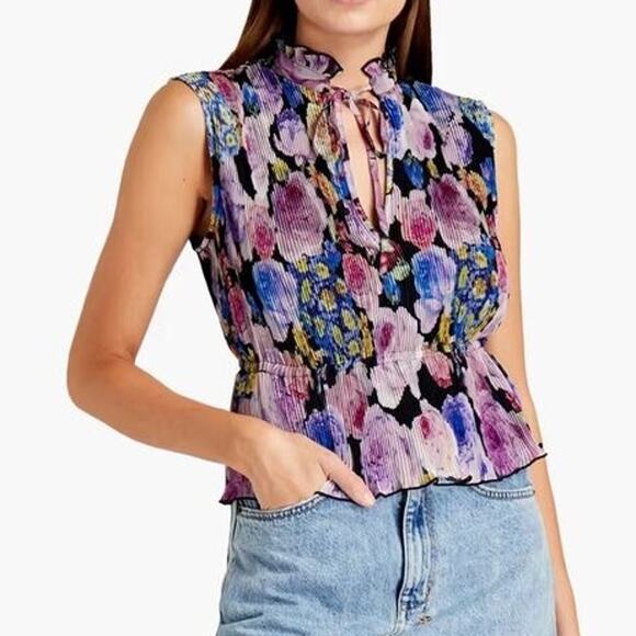 GANNI Pleated Floral Georgette Blouse Women's 34 US 2 Sleeveless V-Neck Boho - Picture 1 of 9